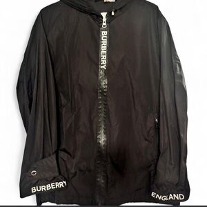 Authentic Burberry Black Hooded Zip Windbreaker with Branded Trim